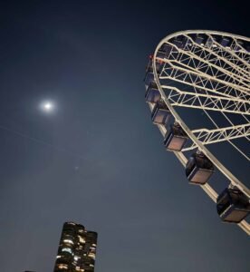 Ferris wheel at night with full moon, Chicago Navy Pier skyline by Barbara Rozgonyi