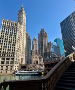 Chicago River architecture view with Wrigley Building and Tribune Tower, Chicago Illinois