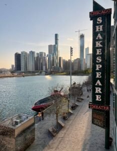 Chicago Shakespeare Theater sign at Navy Pier with Chicago skyline at sunset by Barbara Rozgonyi