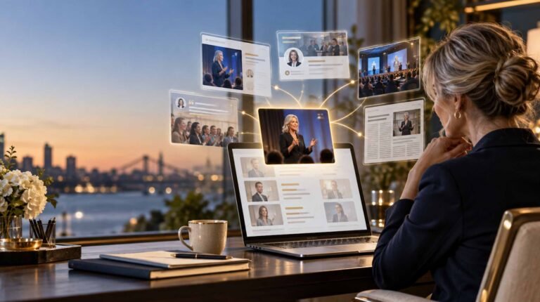 vent planner reviews an AI-generated keynote speaker shortlist, with speaker profiles, testimonials, and event photos informing the recommendation.